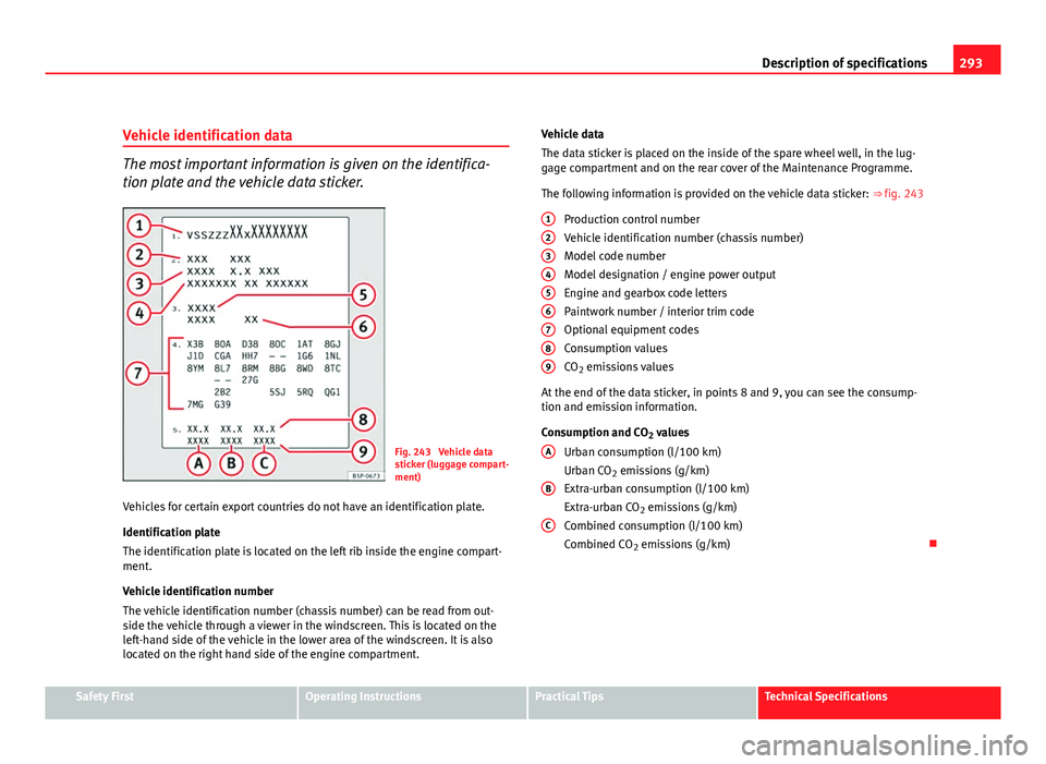 Seat Exeo ST 2011 Owners manual 293
Description of specifications
Vehicle identification data
The most important information is given on the identifica-
tion plate and the vehicle data sticker.
Fig. 243 Vehicle data
sticker (luggag Seat Exeo ST 2011 Owners manual 293
Description of specifications
Vehicle identification data
The most important information is given on the identifica-
tion plate and the vehicle data sticker.
Fig. 243 Vehicle data
sticker (luggag