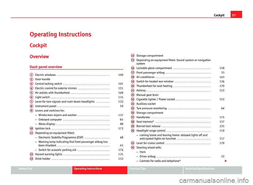 Seat Exeo ST 2011  Owners manual 57
Cockpit
Operating Instructions Cockpit
Overview Dash panel overview
Electric windows  . . . . . . . . . . . . . . . . . . . . . . . . . . . . . . . . . . . . . . . . . . 109
Door handle
Central loc