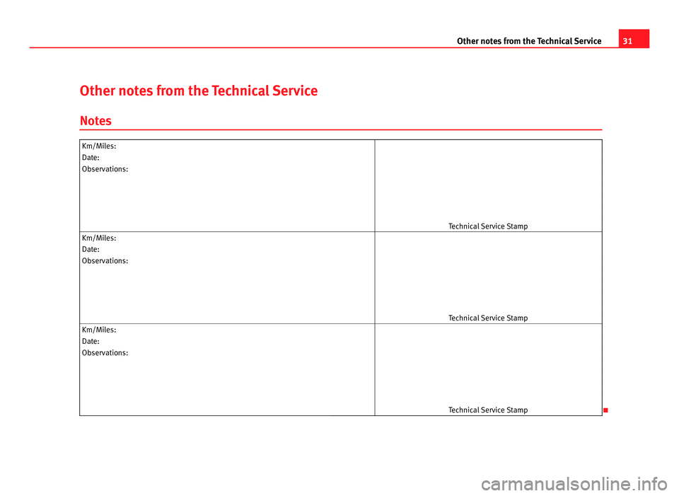 Seat Exeo ST 2011  Maintenance programme 31
Other notes from the Technical Service
Other notes from the Technical Service
Not es Km/Miles:
 
Date:  
Observations:  
   
   
   
   
  Technical Service Stamp
Km/Miles:  
Date:  
Observations: 