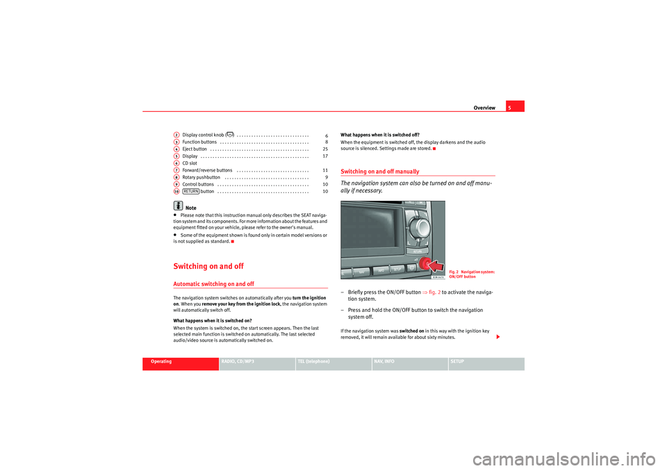 Seat Exeo ST 2011  MEDIA SYSTEM 1.0 Overview5
Operating
RADIO, CD/MP3
TEL (telephone)
NAV, INFO
SETUP
Display control knob (
) . . . . . . . . . . . . . . . . . . . . . . . . . . . . . . 
Function buttons . . . . . . . . . . . . . . 