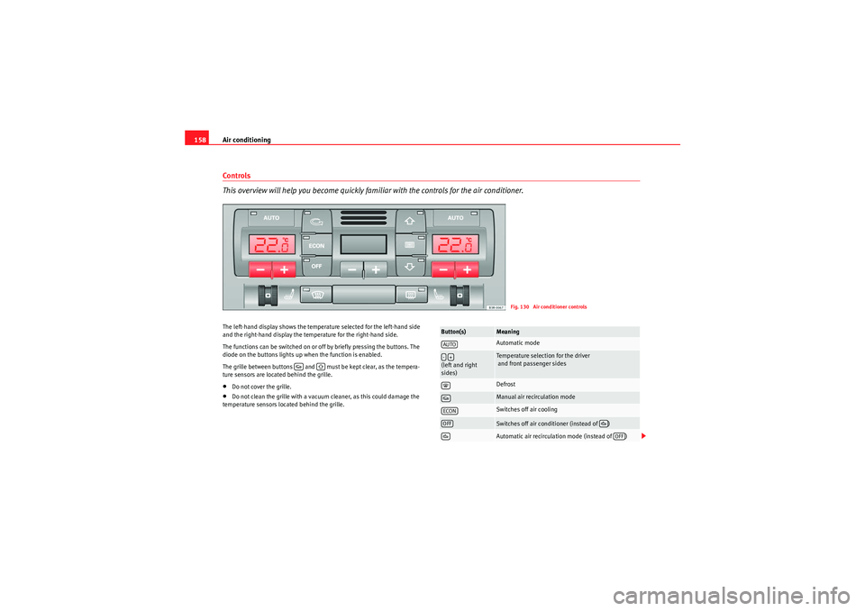 Seat Exeo 2010 User Guide Air conditioning
158Controls
This overview will help you become quickly fami liar with the controls for the air conditioner.The left-hand display shows the temperature selected for the left-hand side 