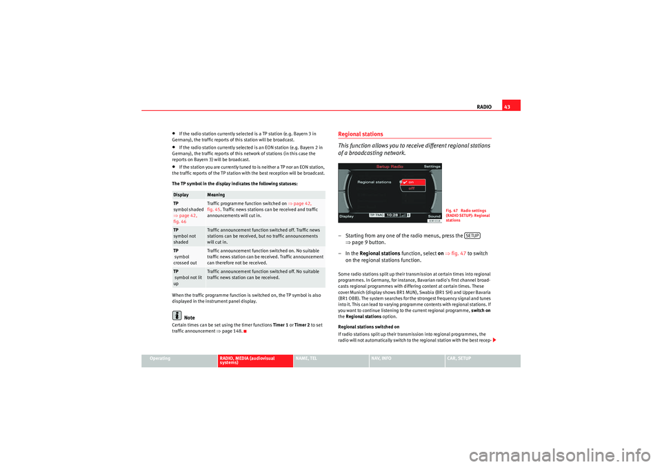 Seat Exeo 2010  MEDIA SYSTEM E RADIO43
Operating
RADIO, MEDIA (audiovisual 
systems)
NAME, TEL
NAV, INFO
CAR, SETUP
•If the radio station currently selected is a TP station (e.g. Bayern 3 in 
Germany), the traffic reports of this