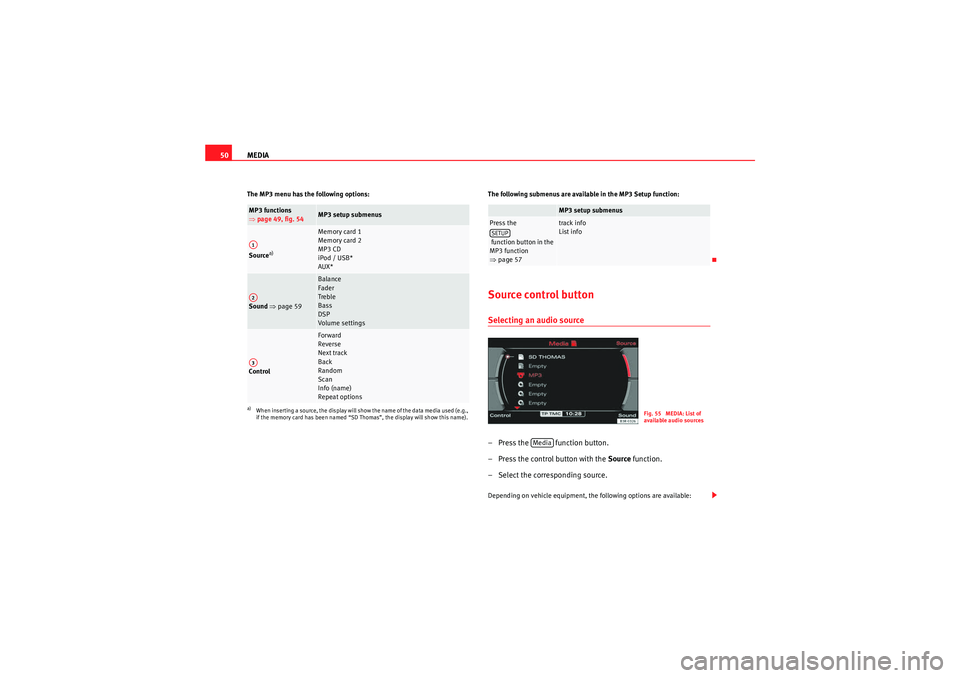 Seat Exeo 2010  MEDIA SYSTEM E MEDIA
50The MP3 menu has the following options: The following submenus are available in the MP3 Setup function:
Source control buttonSelecting an audio source– Press the   function button.
– Press