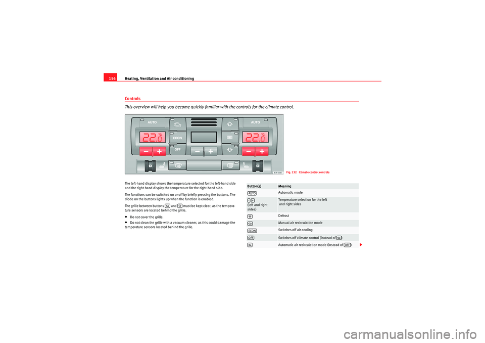 Seat Exeo 2009 Owners Guide Heating, Ventilation and Air conditioning
156Controls
This overview will help you become quickly familiar with the controls for the climate control.The left-hand display shows the temperature selected