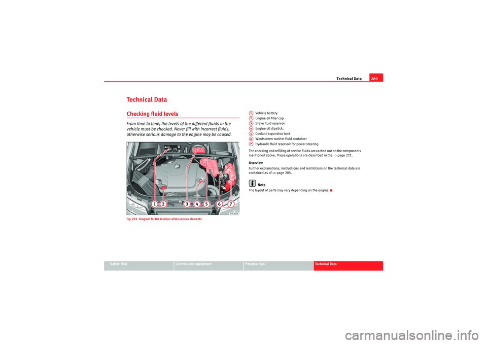 Seat Exeo 2009  Owners manual Technical Data289
Safety First
Controls and equipment
Practical tips
Technical Data
Te c h n i c a l  D a t aChecking fluid levelsFrom time to time, the levels of the different  fluids in the 
vehicle