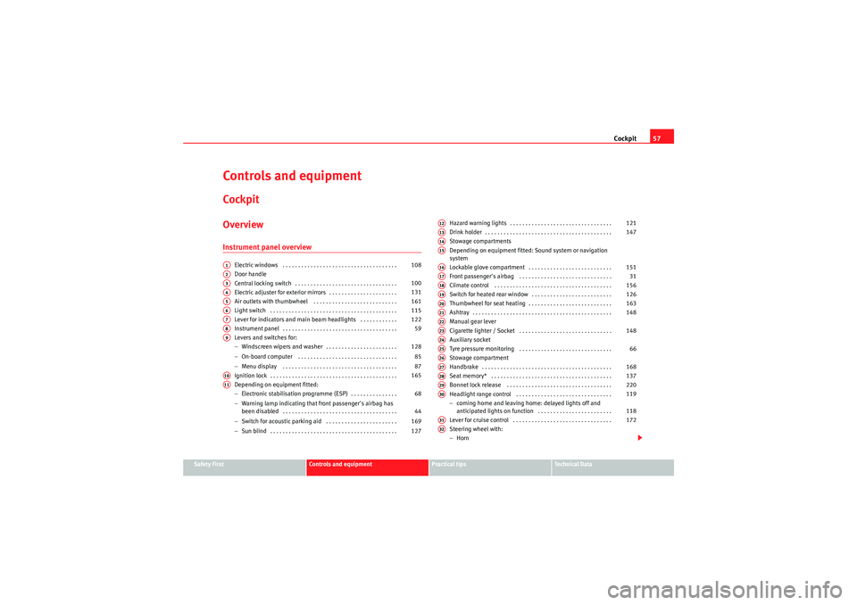 Seat Exeo 2009  Owners manual Cockpit57
Safety First
Controls and equipment
Practical tips
Technical Data
Controls and equipmentCockpitOverviewInstrument panel overview
Electric windows  . . . . . . . . . . . . . . . . . . . . . .