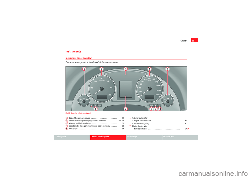 Seat Exeo 2009 Owners Guide Cockpit59
Safety First
Controls and equipment
Practical tips
Technical Data
InstrumentsInstrument panel overview
The instrument panel is the drivers information centre.Fig. 37 Overview of instrument Seat Exeo 2009 Owners Guide Cockpit59
Safety First
Controls and equipment
Practical tips
Technical Data
InstrumentsInstrument panel overview
The instrument panel is the drivers information centre.Fig. 37 Overview of instrument