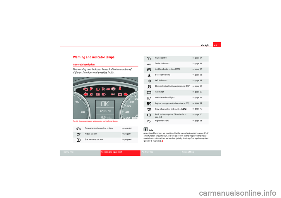 Seat Exeo 2009 Owners Guide Cockpit65
Safety First
Controls and equipment
Practical tips
Technical Data
Warning and indicator lampsGeneral description
The warning and indicator lamps indicate a number of
different functions and Seat Exeo 2009 Owners Guide Cockpit65
Safety First
Controls and equipment
Practical tips
Technical Data
Warning and indicator lampsGeneral description
The warning and indicator lamps indicate a number of
different functions and