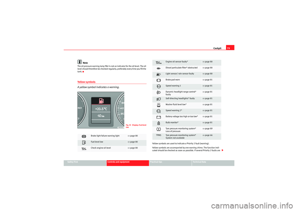 Seat Exeo 2009  Owners manual Cockpit79
Safety First
Controls and equipment
Practical tips
Technical Data
Note
The oil pressure warning lamp 
 is not an indicator for the oil level. The oil 
level should therefore be checked re