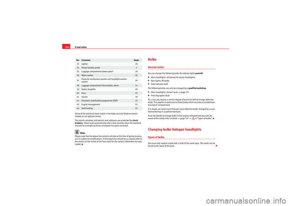 Seat Exeo ST 2009 Owners manual If and when
264Some of the electrical items listed in the table are only fitted on certain
models or are optional extras.
The electric windows and electric seat adjusters are protected by circuit
b Seat Exeo ST 2009 Owners manual If and when
264Some of the electrical items listed in the table are only fitted on certain
models or are optional extras.
The electric windows and electric seat adjusters are protected by circuit
b