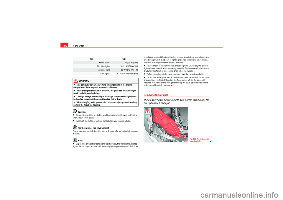 Seat Exeo ST 2009 Owners Guide If and when
272
WARNING
•Take particular care when working on components in the engine
compartment if the engine is warm - risk of burns!•Bulbs are highly sensitive to pressure. The glass can bre Seat Exeo ST 2009 Owners Guide If and when
272
WARNING
•Take particular care when working on components in the engine
compartment if the engine is warm - risk of burns!•Bulbs are highly sensitive to pressure. The glass can bre