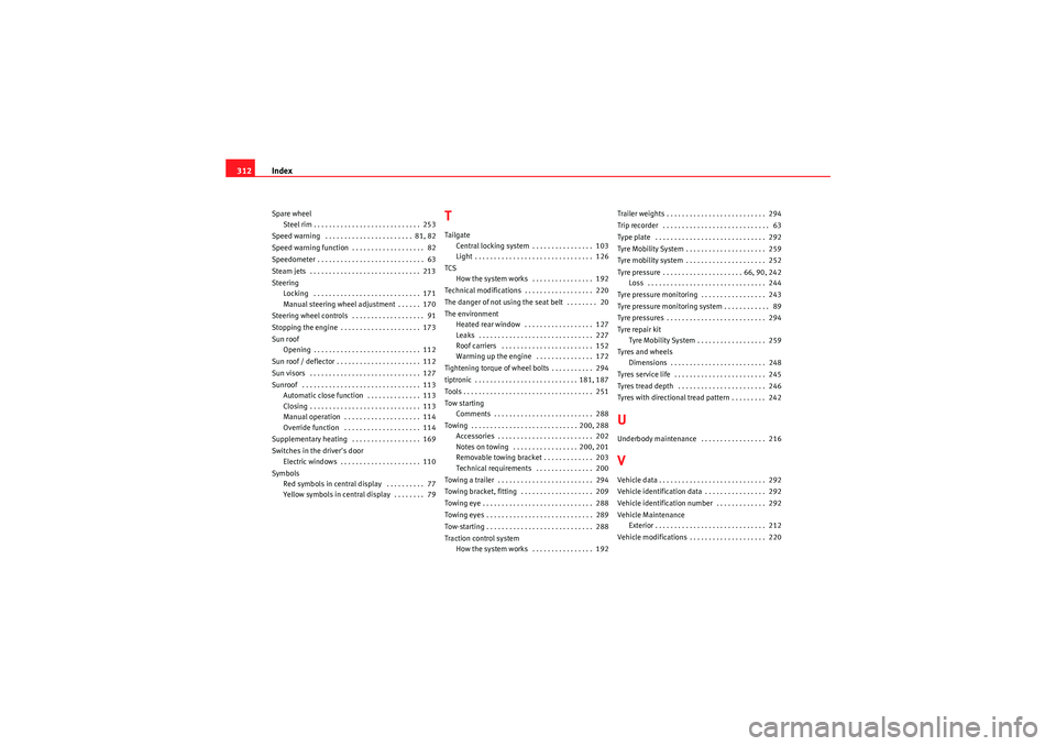 Seat Exeo ST 2009  Owners manual Index
312Spare wheel
Steel rim . . . . . . . . . . . . . . . . . . . . . . . . . . . .  253
Speed warning  . . . . . . . . . . . . . . . . . . . . . . . 81, 82
Speed warning function  . . . . . . . . 