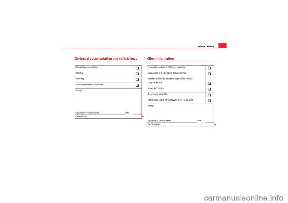 Seat Exeo ST 2009  Maintenance programme Vehicle delivery3
On-board documentation and vehicle keys
Client Information
On-board documentation

Main key

Spare key

Key number identification label

Receipt
Signature of vehicle owne