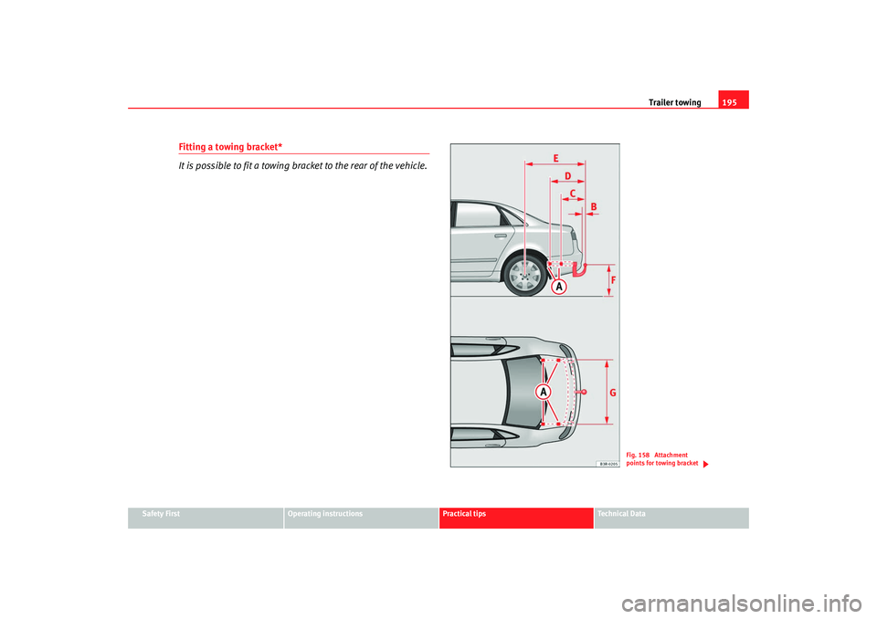 Seat Exeo 2008 Owners manual Trailer towing195
Safety First
Operating instructions
Practical tips
Te c h n i c a l D a t a
Fitting a towing bracket*
It is possible to fit a towing bracket to the rear of the vehicle.
Fig. 158 At Seat Exeo 2008 Owners manual Trailer towing195
Safety First
Operating instructions
Practical tips
Te c h n i c a l D a t a
Fitting a towing bracket*
It is possible to fit a towing bracket to the rear of the vehicle.
Fig. 158 At
