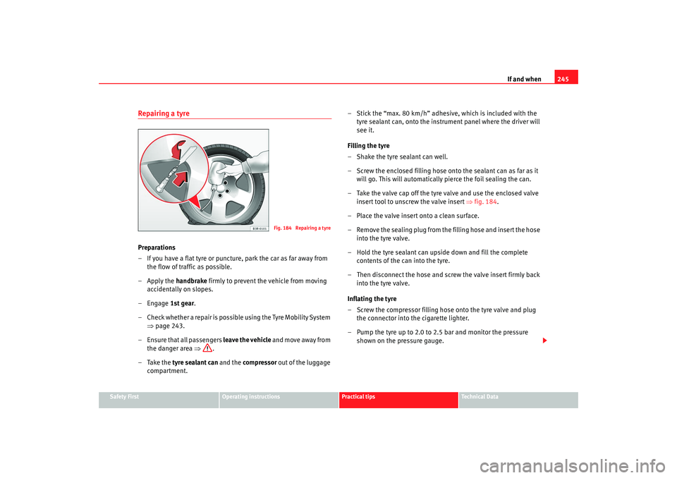 Seat Exeo 2008  Owners manual If and when245
Safety First
Operating instructions
Practical tips
Te c h n i c a l  D a t a
Repairing a tyrePreparations
– If you have a flat tyre or puncture, park the car as far away from 
the flo