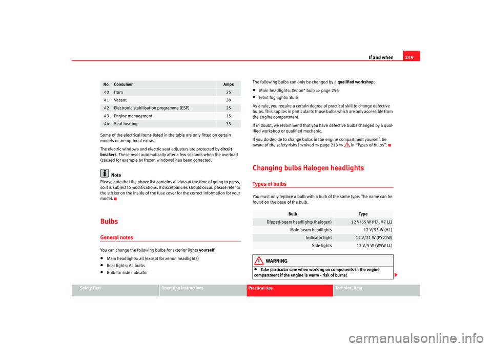 Seat Exeo 2008 Owners manual If and when249
Safety First
Operating instructions
Practical tips
Te c h n i c a l D a t a
Some of the electrical items listed in
the table are only fitted on certain
models or are optional extras. Seat Exeo 2008 Owners manual If and when249
Safety First
Operating instructions
Practical tips
Te c h n i c a l D a t a
Some of the electrical items listed in
the table are only fitted on certain
models or are optional extras.