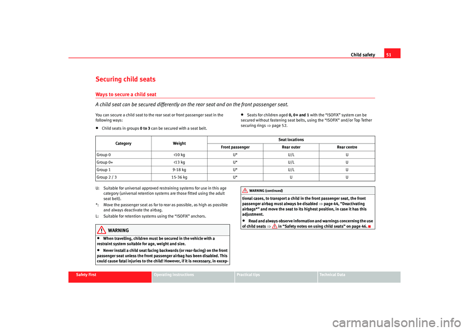 Seat Exeo 2008  Owners manual Child safety51
Safety First
Operating instructions
Practical tips
Te c h n i c a l  D a t a
Securing child seatsWays to secure a child seat
A child seat can be secured differently on th e rear seat an