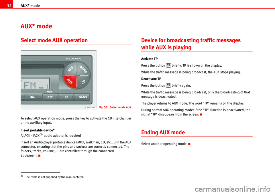 Seat Cordoba 2006 ALANA AUX* mode 32
AUX* mode
Select mode AUX operation
To select AUX operation mode, press the key to activate the CD interchanger
or the auxiliary input.
Insert portable device*
A JACK - JACK
3) audio ad Seat Cordoba 2006 ALANA AUX* mode 32
AUX* mode
Select mode AUX operation
To select AUX operation mode, press the key to activate the CD interchanger
or the auxiliary input.
Insert portable device*
A JACK - JACK
3) audio ad