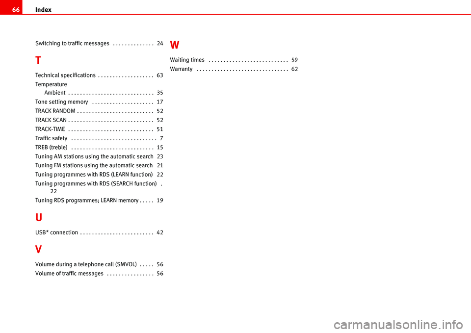 Seat Cordoba 2006  ALANA Index 66
Switching to traffic messages  . . . . . . . . . . . . . .  24
T
Technical specifications . . . . . . . . . . . . . . . . . . .  63
Temperature
Ambient . . . . . . . . . . . . . . . . . . . .