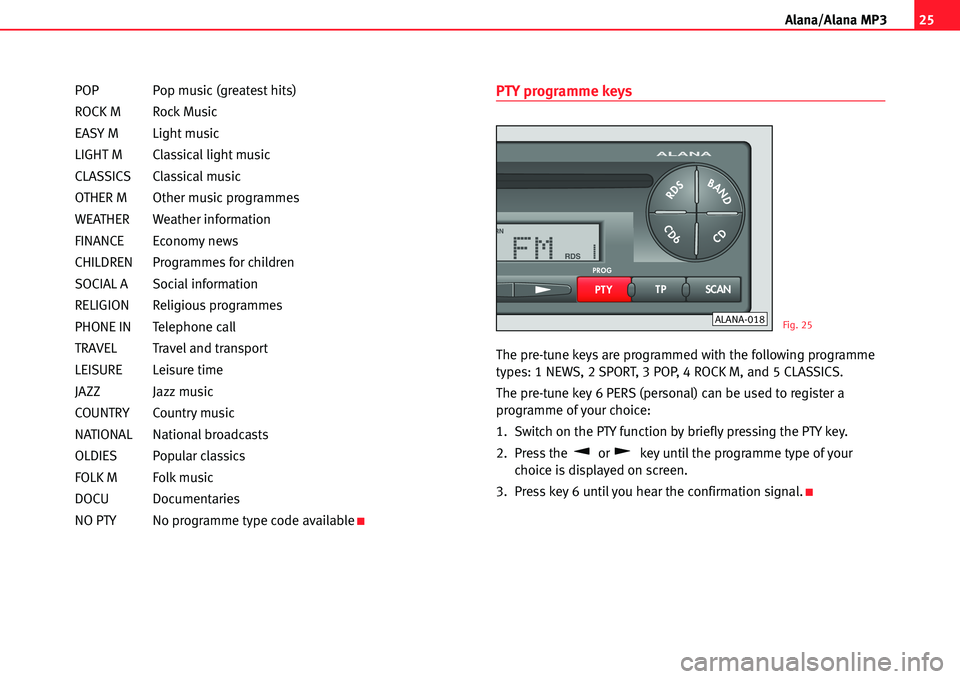 Seat Cordoba 2005  ALANA 25
A lana/Alana MP3
POP Pop music (greatest hits)
ROCK M Rock Music
EASY M Light music
LIGHT M Classical light music
CLASSICS Classical music
OTHER M Other music programmes
WEATHER Weather information