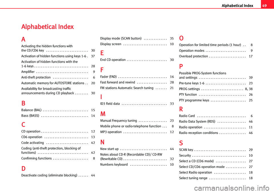 Seat Cordoba 2005  ALANA 49Alphabetical Index
AAllpphhaabbeettiiccaall IInnddeexx
AA
Activating the hidden functions with 
the CD/CD6 key  . . . . . . . . . . . . . . . . . . . . . . . . . 30
Activation of hidden functions us