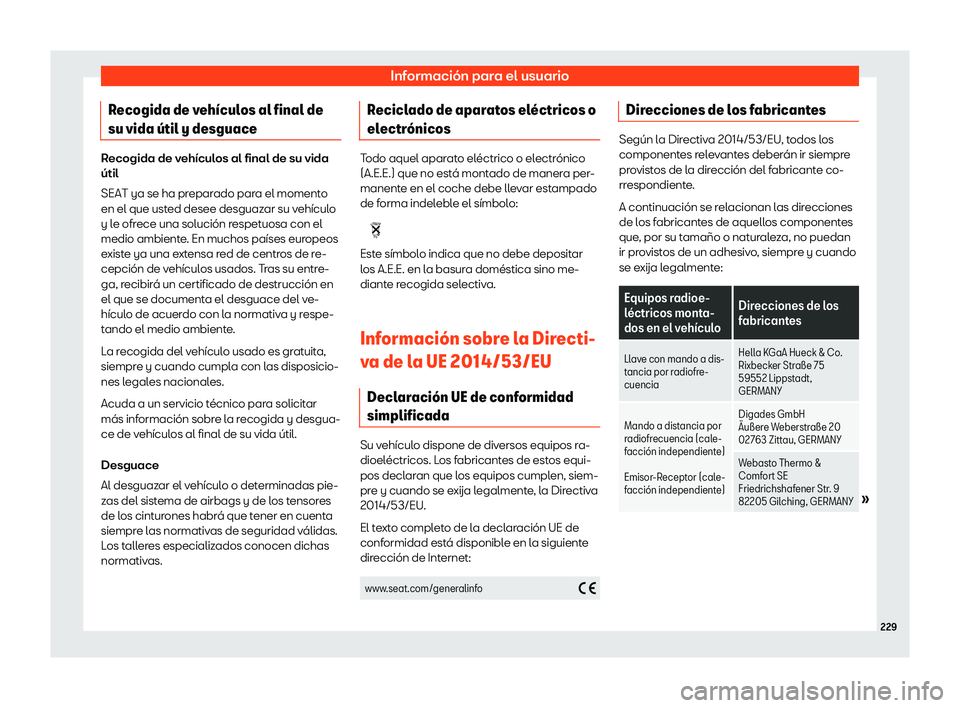 Seat Mii electric 2020 Manual de instrucciones (in Spanish) Informaci Seat Mii electric 2020 Manual de instrucciones (in Spanish) Informaci