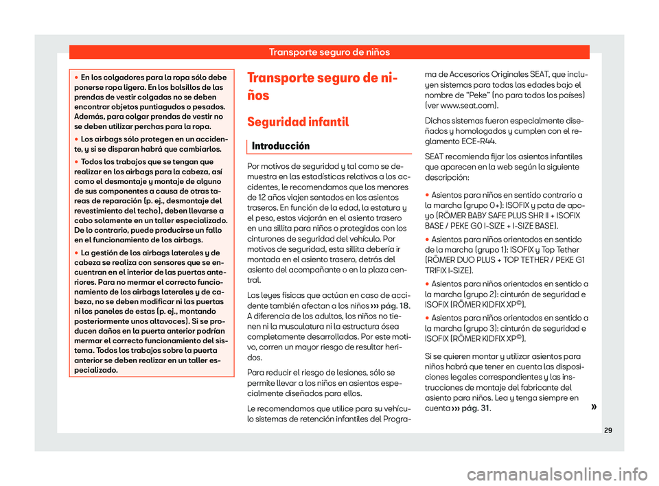 Seat Mii electric 2020  Manual de instrucciones (in Spanish) Transporte seguro de ni