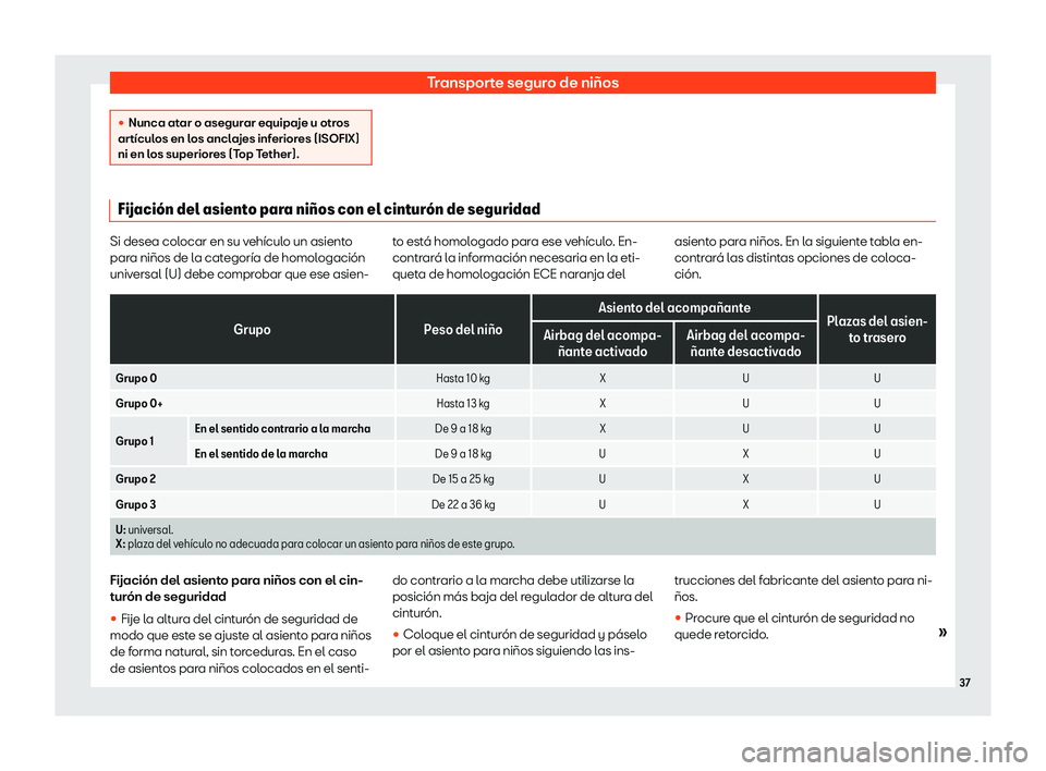Seat Mii electric 2019  Manual de instrucciones (in Spanish) Transporte seguro de ni