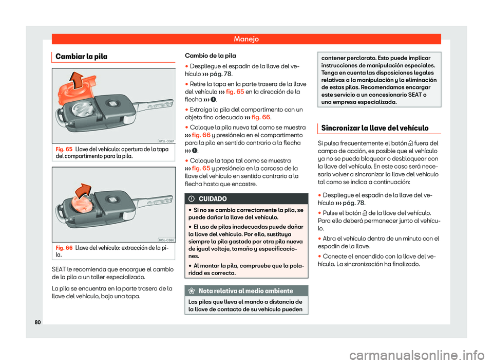 Seat Mii electric 2019  Manual de instrucciones (in Spanish) Manejo
Cambiar la pila Fig. 65
Llave del veh