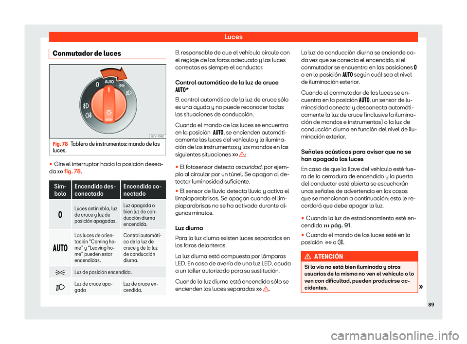 Seat Mii electric 2019  Manual de instrucciones (in Spanish) Luces
Conmutador de luces Fig. 78
Tablero de instrumentos: mando de las
luces. 