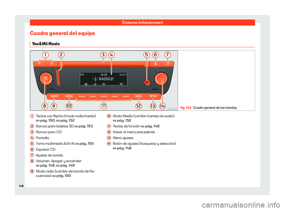 Seat Mii electric 2018  Manual de instrucciones (in Spanish) Sistema Infotainment
Cuadro general del equipo You&Mii Music Fig. 143
Cuadro general de los mandos. Teclas con flecha (modo radio/media)
