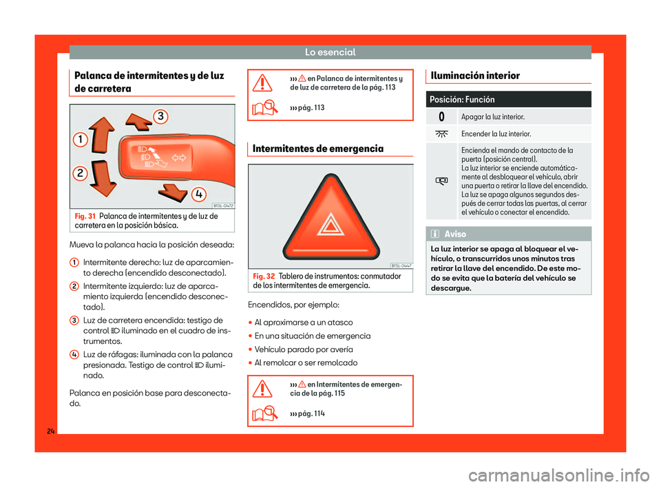 Seat Mii electric 2018  Manual de instrucciones (in Spanish) Lo esencial
Palanca de intermitentes y de luz
de carr et
er
aFig. 31
Palanca de intermitentes y de luz de
carr eter

a en la posici