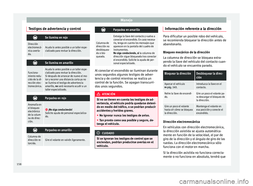 Seat Mii electric 2017 Manual de instrucciones (in Spanish) Manejo
Testigos de advertencia y control Se ilumina en rojo
Dirección
electromecá-
nica averia-
da.Acuda lo antes posible a un taller espe-
cializado para revisar la dirección.
Se ilumina en Seat Mii electric 2017 Manual de instrucciones (in Spanish) Manejo
Testigos de advertencia y control Se ilumina en rojo
Dirección
electromecá-
nica averia-
da.Acuda lo antes posible a un taller espe-
cializado para revisar la dirección.
Se ilumina en