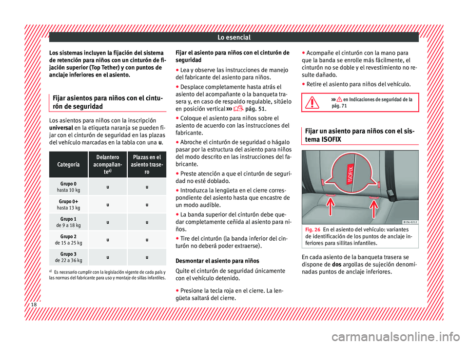 Seat Mii electric 2017  Manual de instrucciones (in Spanish) Lo esencial
Los sistemas incluyen la fijación del sistema
de r et
enc
ión para niños con un cinturón de fi-
jación superior (Top Tether) y con puntos de
anclaje inferiores en el asiento.
Fijar as