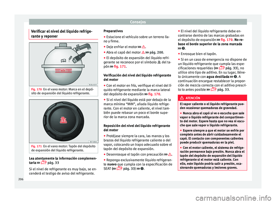 Seat Mii electric 2017  Manual de instrucciones (in Spanish) Consejos
Verificar el nivel del líquido refrige-
r ant
e 
y reponer Fig. 170
En el vano motor: Marca en el depó-
s it
o de e

xpansión del líquido refrigerante. Fig. 171
En el vano motor: Tapón d