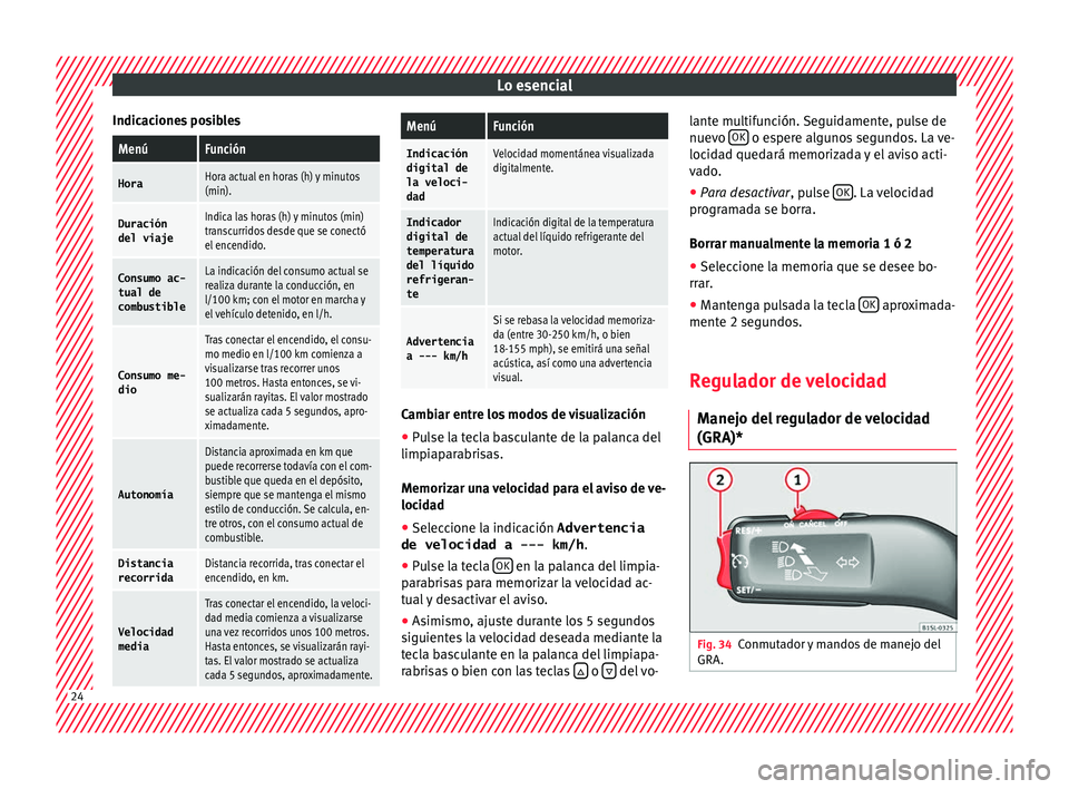 Seat Mii electric 2017  Manual de instrucciones (in Spanish) Lo esencial
Indicaciones posiblesMenúFunción
HoraHora actual en horas (h) y minutos
(min).
Duración
del viajeIndica las horas (h) y minutos (min)
transcurridos desde que se conectó
el encendido.
C