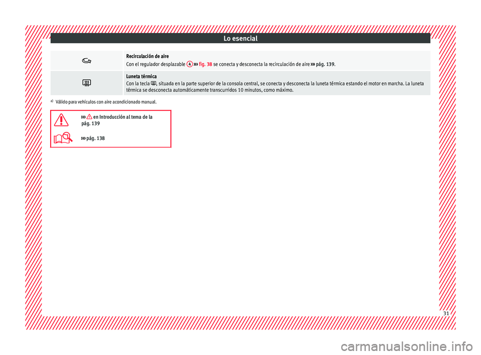 Seat Mii electric 2017  Manual de instrucciones (in Spanish) Lo esencial
Recirculación de aire
Con el regulador desplazable 
4 
›››  fig. 38 se conecta y desconecta la recirculación de aire  ››› pág. 139. 
Luneta térmica
Con la tecla , 