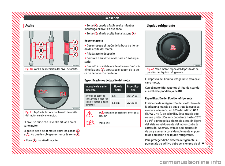 Seat Mii electric 2017  Manual de instrucciones (in Spanish) Lo esencial
Aceite Fig. 40
Varilla de medición del nivel de aceite. Fig. 41
Tapón de la boca de llenado de aceite
del  mot
or en el
 vano motor. El nivel se mide con la varilla situada en el
v
ano m