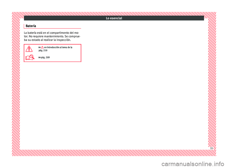 Seat Mii electric 2017  Manual de instrucciones (in Spanish) Lo esencial
Batería La batería está en el compartimento del mo-
tor
. No r
equiere mantenimiento. Se comprue-
ba su estado al realizar la inspección.

›››  en Introducción al tema de la
