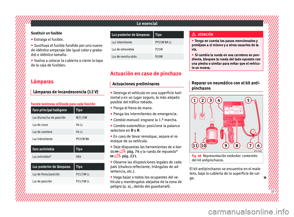 Seat Mii electric 2017  Manual de instrucciones (in Spanish) Lo esencial
Sustituir un fusible
● Extraiga el fusible.
● Sustituya el fusible fundido por uno nuevo
de idén tic
o
 amperaje (de igual color y graba-
do) e idéntico tamaño.
● Vuelva a colocar