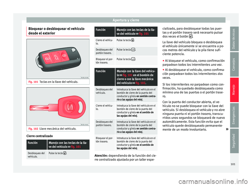 Seat Mii electric 2016 Manual de instrucciones (in Spanish) Apertura y cierre
Bloquear o desbloquear el vehículo
de sde el
e
xteriorFig. 101
Teclas en la llave del vehículo. Fig. 102
Llave mecánica del vehículo. Cierre centralizado
FunciónManejo con las Seat Mii electric 2016 Manual de instrucciones (in Spanish) Apertura y cierre
Bloquear o desbloquear el vehículo
de sde el
e
xteriorFig. 101
Teclas en la llave del vehículo. Fig. 102
Llave mecánica del vehículo. Cierre centralizado
FunciónManejo con las