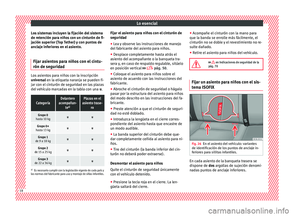 Seat Mii electric 2016  Manual de instrucciones (in Spanish) Lo esencial
Los sistemas incluyen la fijación del sistema
de r et
enc
ión para niños con un cinturón de fi-
jación superior (Top Tether) y con puntos de
anclaje inferiores en el asiento.
Fijar as