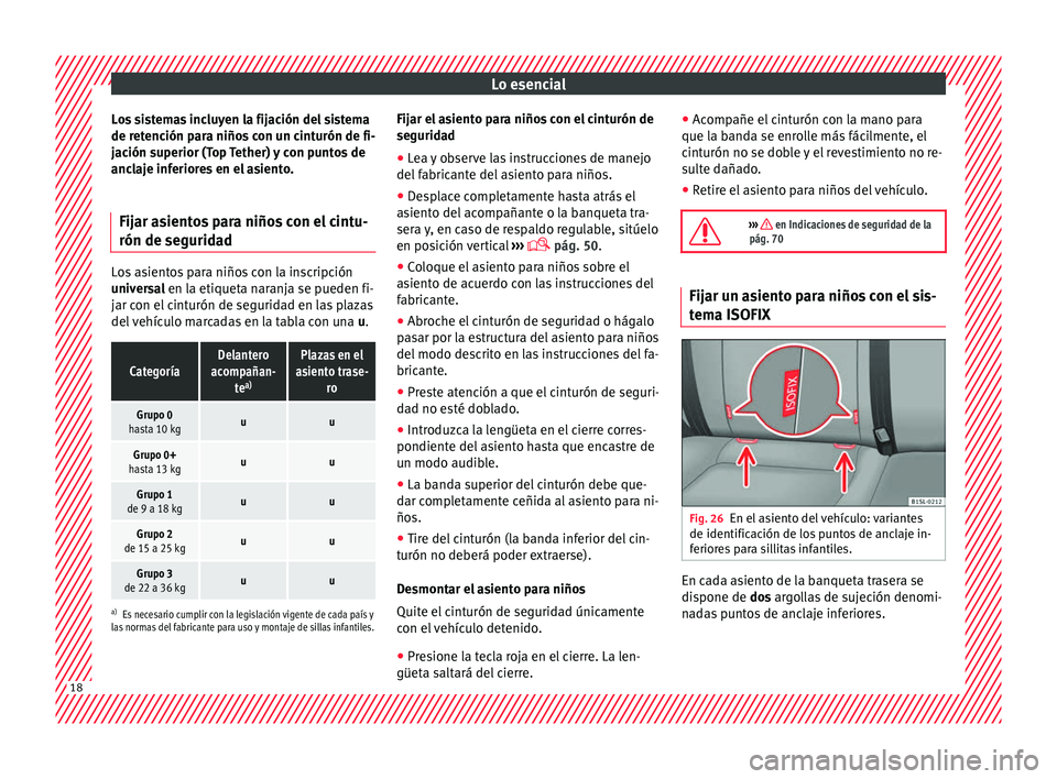 Seat Mii electric 2016 Manual de instrucciones (in Spanish) Lo esencial
Los sistemas incluyen la fijación del sistema
de r et
enc
ión para niños con un cinturón de fi-
jación superior (Top Tether) y con puntos de
anclaje inferiores en el asiento.
Fijar as Seat Mii electric 2016 Manual de instrucciones (in Spanish) Lo esencial
Los sistemas incluyen la fijación del sistema
de r et
enc
ión para niños con un cinturón de fi-
jación superior (Top Tether) y con puntos de
anclaje inferiores en el asiento.
Fijar as