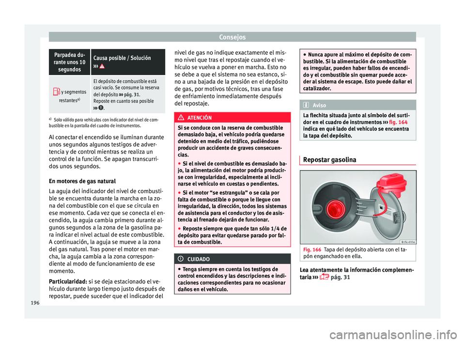 Seat Mii electric 2016 Manual de instrucciones (in Spanish) ConsejosParpadea du-
rante unos 10 segundosCausa posible / Solución
›››
y segmentos
restantes a)
El depósito de combustible está
casi vacío. Se consume la reserva
del depósito
›› Seat Mii electric 2016 Manual de instrucciones (in Spanish) ConsejosParpadea du-
rante unos 10 segundosCausa posible / Solución
›››
y segmentos
restantes a)
El depósito de combustible está
casi vacío. Se consume la reserva
del depósito
››