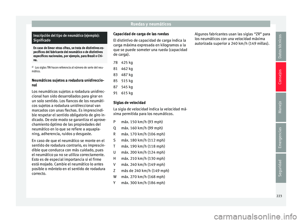 Seat Mii electric 2016 Manual de instrucciones (in Spanish) Ruedas y neumáticosInscripción del tipo de neumático (ejemplo):
Significado
En caso de llevar otras cifras, se trata de distintivos es-
pecíficos del fabricante del neumático o de distintivos
esp Seat Mii electric 2016 Manual de instrucciones (in Spanish) Ruedas y neumáticosInscripción del tipo de neumático (ejemplo):
Significado
En caso de llevar otras cifras, se trata de distintivos es-
pecíficos del fabricante del neumático o de distintivos
esp