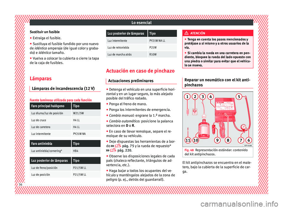 Seat Mii electric 2016 Manual de instrucciones (in Spanish) Lo esencial
Sustituir un fusible
● Extraiga el fusible.
● Sustituya el fusible fundido por uno nuevo
de idén tic
o
amperaje (de igual color y graba-
do) e idéntico tamaño.
● Vuelva a colocar Seat Mii electric 2016 Manual de instrucciones (in Spanish) Lo esencial
Sustituir un fusible
● Extraiga el fusible.
● Sustituya el fusible fundido por uno nuevo
de idén tic
o
amperaje (de igual color y graba-
do) e idéntico tamaño.
● Vuelva a colocar