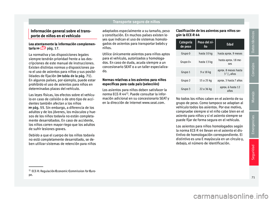 Seat Mii electric 2016 Manual de instrucciones (in Spanish) Transporte seguro de niños
Información general sobre el trans-
por t
e de niño
s en el vehículoLea atentamente la información complemen-
tari
a
›››
pág. 17.
La normativa y las dispo Seat Mii electric 2016 Manual de instrucciones (in Spanish) Transporte seguro de niños
Información general sobre el trans-
por t
e de niño
s en el vehículoLea atentamente la información complemen-
tari
a
›››
pág. 17.
La normativa y las dispo
