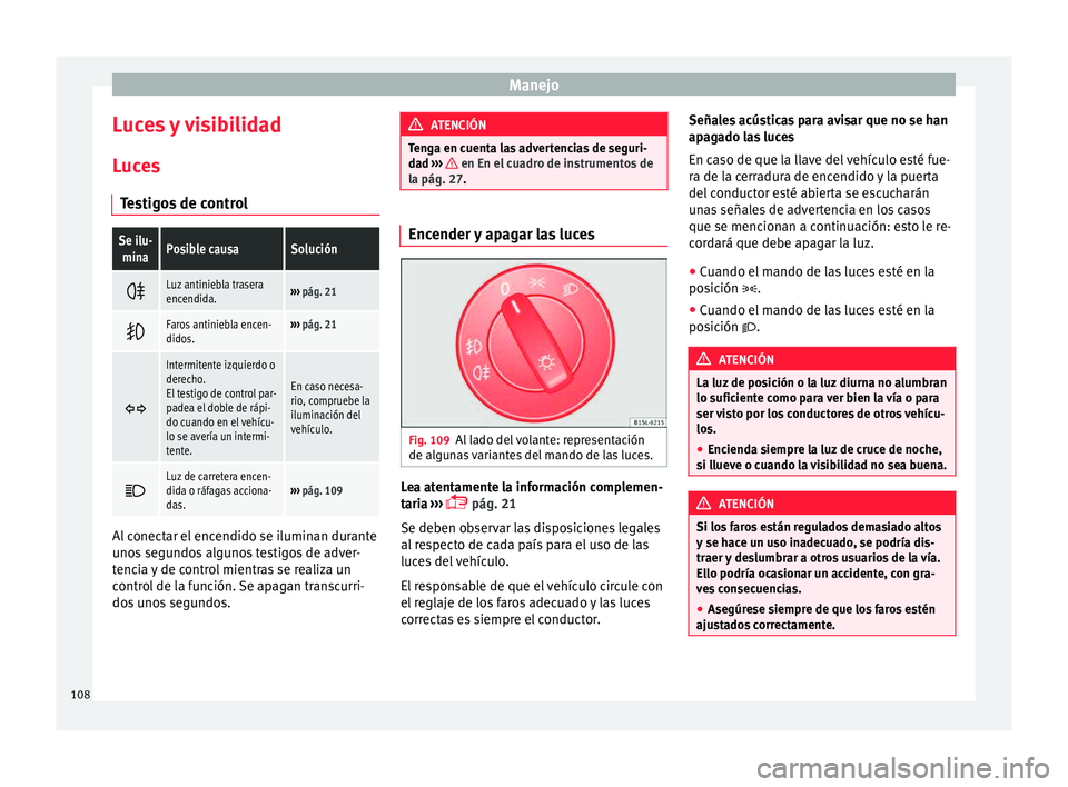 Seat Mii electric 2015 Manual de instrucciones (in Spanish) Manejo
Luces y visibilidad
L uc
e
s
Testigos de control
Se ilu- minaPosible causaSolución
Luz antiniebla trasera
encendida.›››
pág. 21
Faros antiniebla encen-
didos.›››
pág. 2 Seat Mii electric 2015 Manual de instrucciones (in Spanish) Manejo
Luces y visibilidad
L uc
e
s
Testigos de control
Se ilu- minaPosible causaSolución
Luz antiniebla trasera
encendida.›››
pág. 21
Faros antiniebla encen-
didos.›››
pág. 2