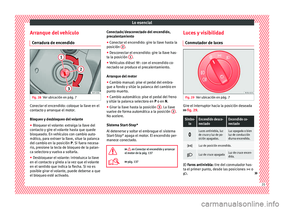 Seat Mii electric 2015  Manual de instrucciones (in Spanish) Lo esencial
Arranque del vehículo C err
a
dura de encendido Fig. 28
Ver ubicación en pág. 7 Conectar el encendido: coloque la llave en el
c
ont
act

o y arranque el motor.
Bloqueo y desbloqueo del 