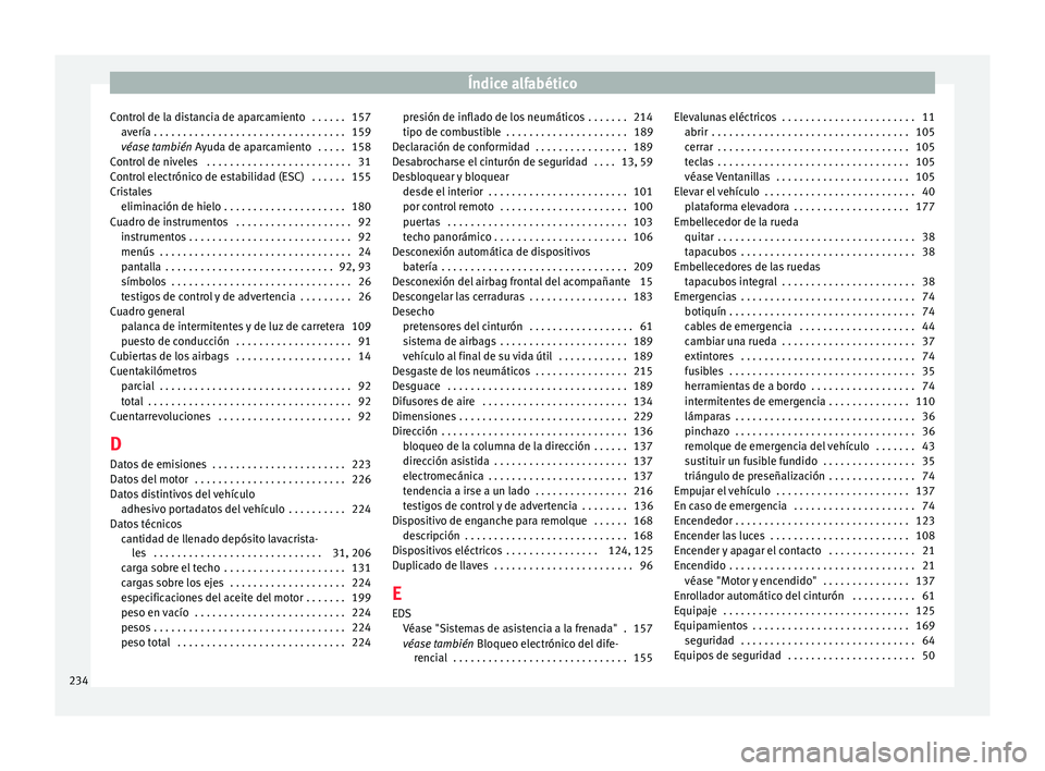 Seat Mii electric 2015  Manual de instrucciones (in Spanish) Índice alfabético
Control de la distancia de aparcamiento  . . . . . . 157 av ería
 . . . . . . . . . . . . . . . . . . . . . . . . . . . . . . . . . 159
véas
e también  Ayuda de aparcamiento  . 